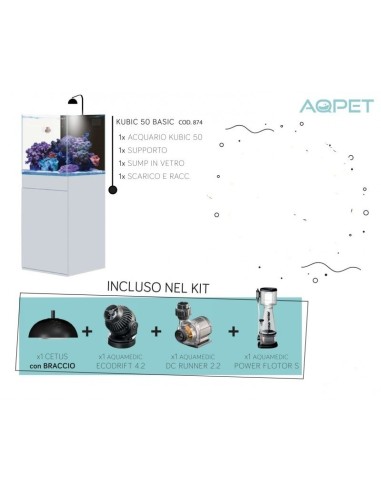 AQPet Kit Acquario Kubic 50 bianco laccato con supporto vetro extrachiaro accessoriato di tutta la tecnica