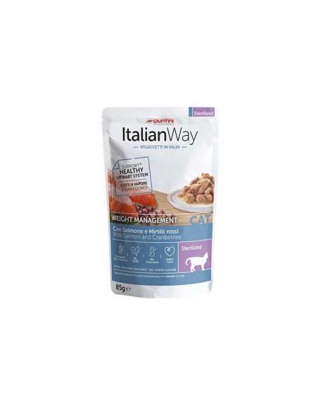 Italian way sfilaccetti in salsa Cat sterilized con  salmone e mirtilli rossi gr 85
