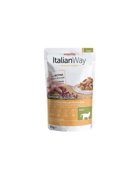 Italian way sfilaccetti in salsa Cat adult con tacchino e mirtilli rossi gr 85