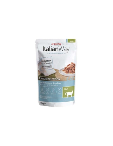 Italian way sfilaccetti in salsa Cat adult con Merluzzo e spirulina gr 85